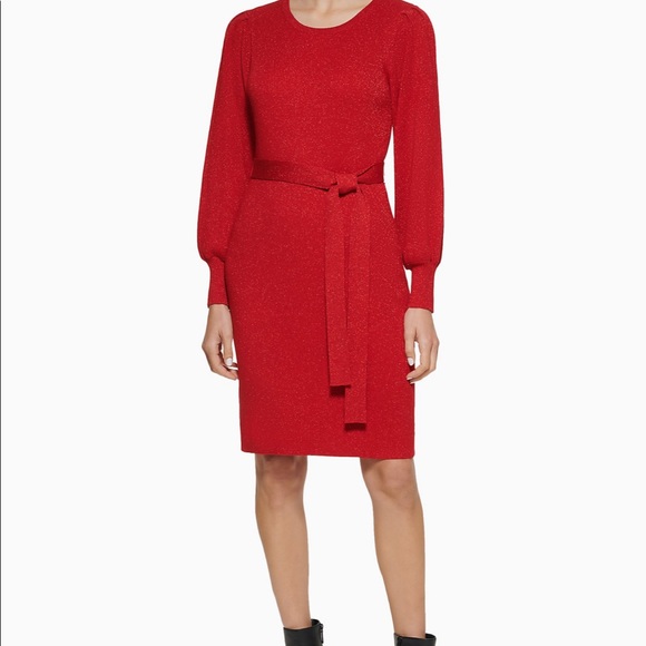 Calvin Klein-Metallic Knit Belted Long Sleeve Dress - Picture 3 of 5